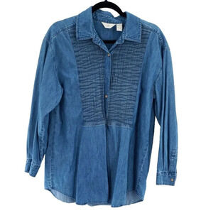J Jill Denim Top Women‎ M Blue Jean Shirt Micro Pleated Button Up Casual Travel
